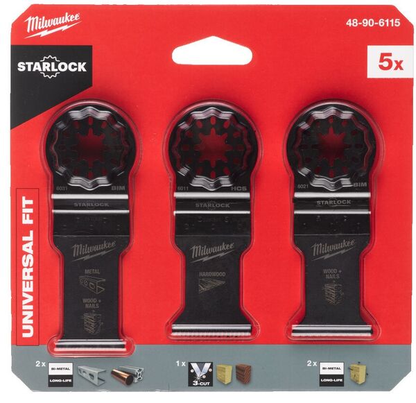 Monitoimityökalun teräsarja metallille ja puulle, 5-osaa, Milwaukee, Starlock kiinnitys